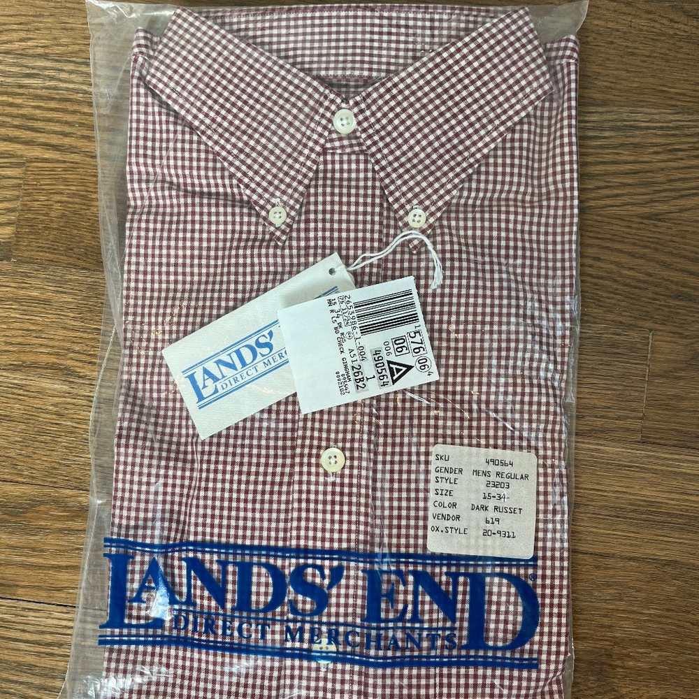 NWT Lands' End Maroon Gingham Button Down Long Sleeve 15R